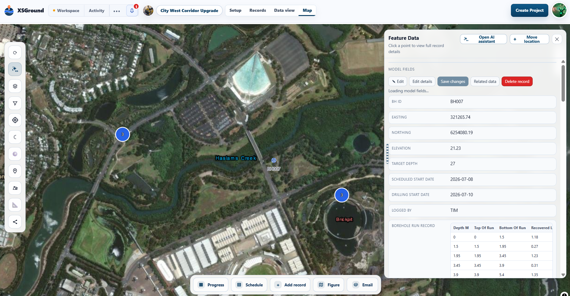 XSGround map with BH007 selected and Feature Data open