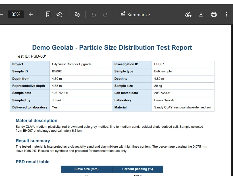 Particle size distribution report linked to BH007